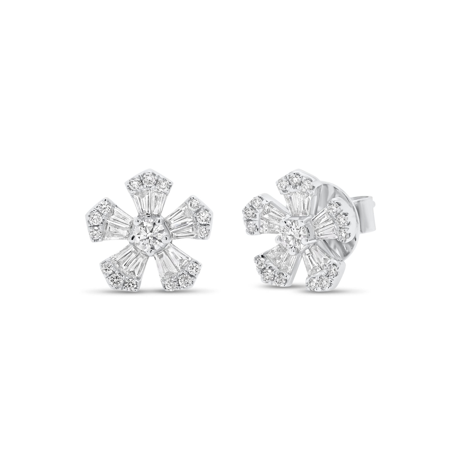 Round & Baguette Diamond Large Flower Stud Earrings - 14K white gold weighing 3.22 grams  - 20 slim baguettes totaling 0.54 carats  - 32 round diamonds totaling 0.38 carats