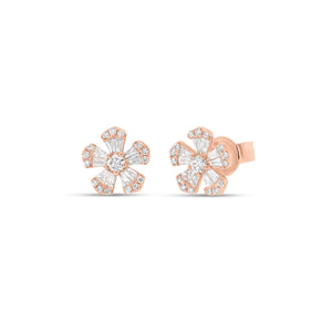 round & baguette diamond mini flower stud earrings - 14K gold weighing 2.12 grams  - 20 slim baguettes totaling 0.32 carats  - 32 round diamonds totaling 0.24 carats
