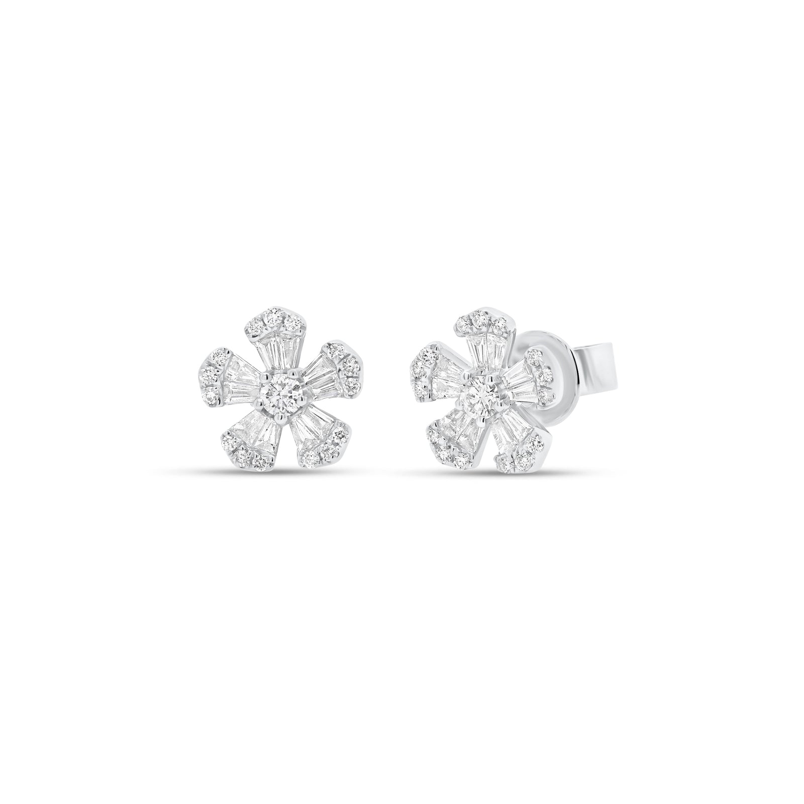 round & baguette diamond mini flower stud earrings - 14K gold weighing 2.12 grams  - 20 slim baguettes totaling 0.32 carats  - 32 round diamonds totaling 0.24 carats