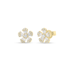 round & baguette diamond mini flower stud earrings - 14K gold weighing 2.12 grams  - 20 slim baguettes totaling 0.32 carats  - 32 round diamonds totaling 0.24 carats