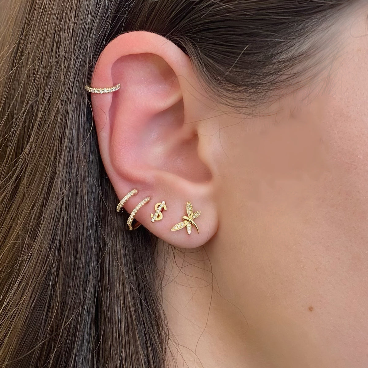 Female Model Wearing Diamond Double Huggie Earrings - 14K gold  - 0.12 cts round diamonds