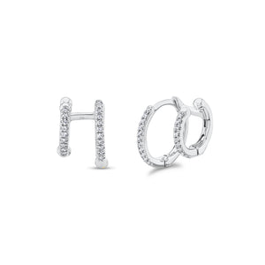 Diamond Double Huggie Earrings - 14K gold  - 0.12 cts round diamonds
