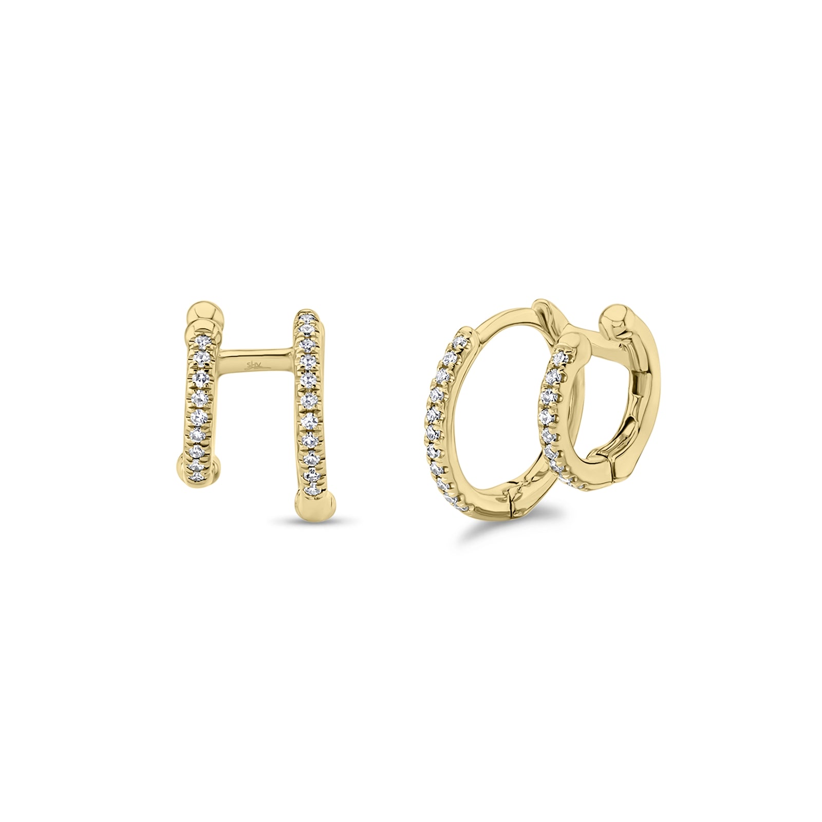 Diamond Double Huggie Earrings - 14K gold  - 0.12 cts round diamonds