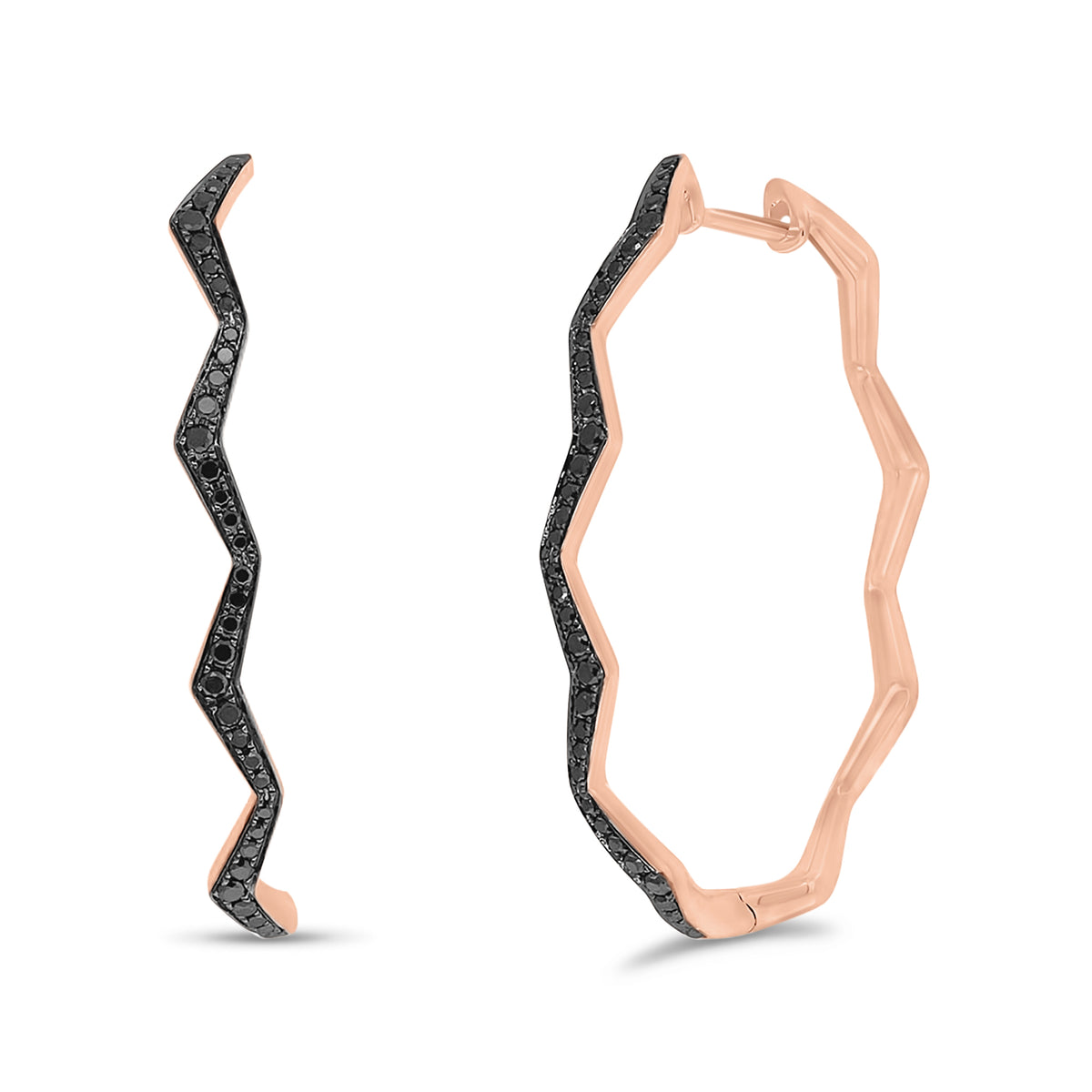 Black diamond zig-zag hoop earrings - 14K gold  - 0.35 cts round diamonds