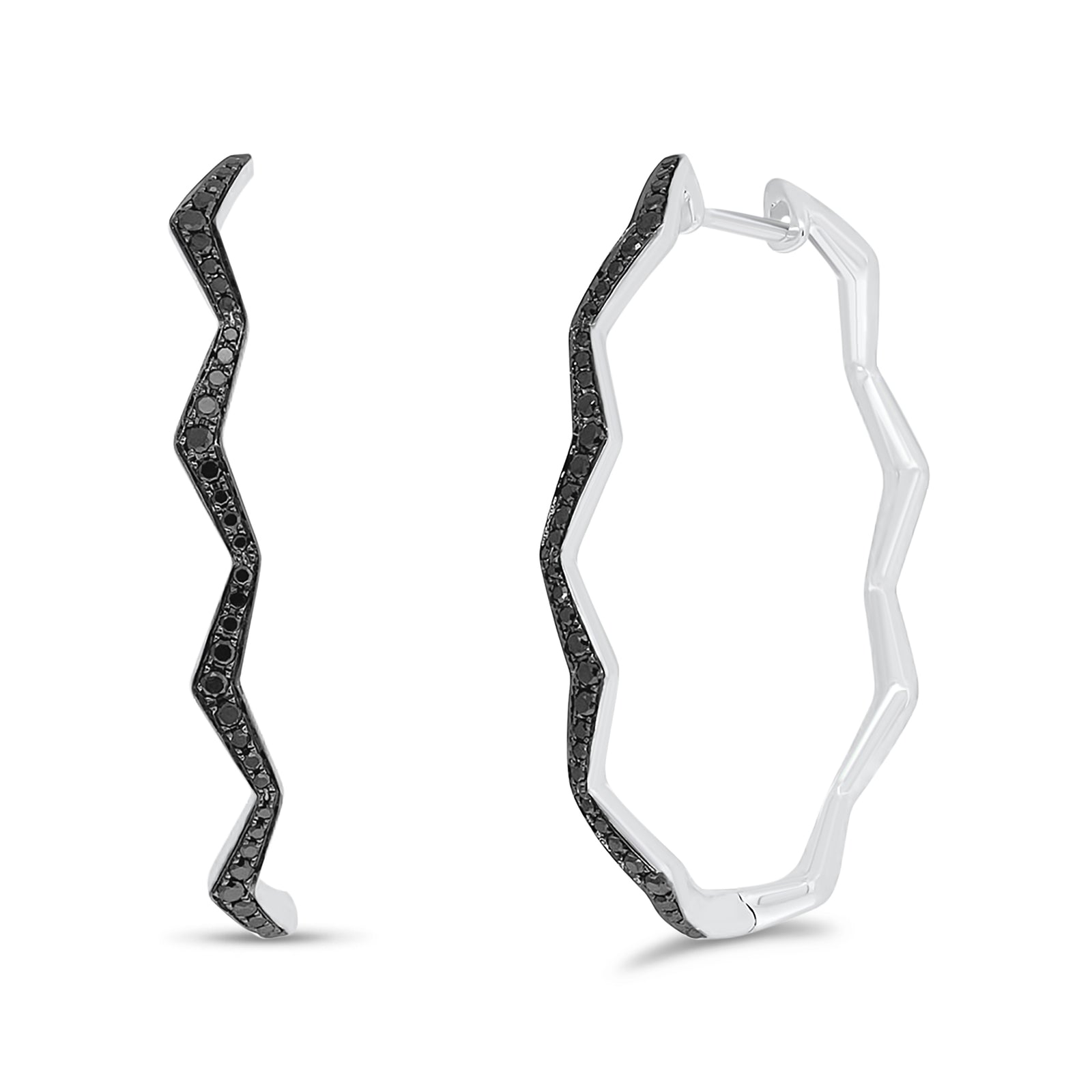 Black diamond zig-zag hoop earrings - 14K gold  - 0.35 cts round diamonds