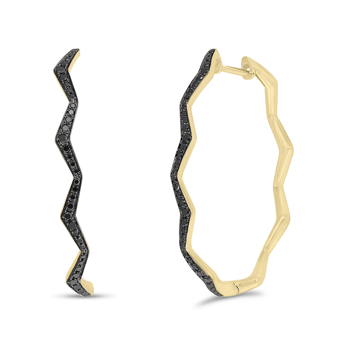 Black diamond zig-zag hoop earrings - 14K gold  - 0.35 cts round diamonds