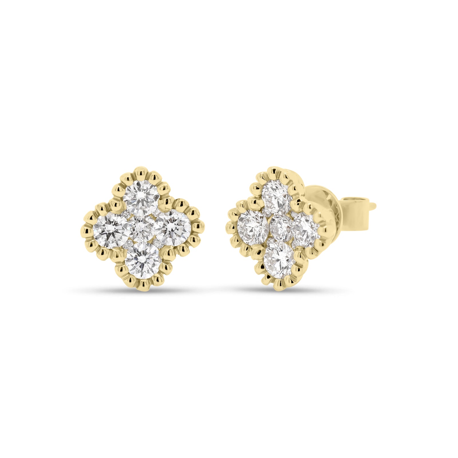 diamond clover stud earrings - 14K gold weighing 3.00 grams  - 18 round diamonds totaling 1.06 carats