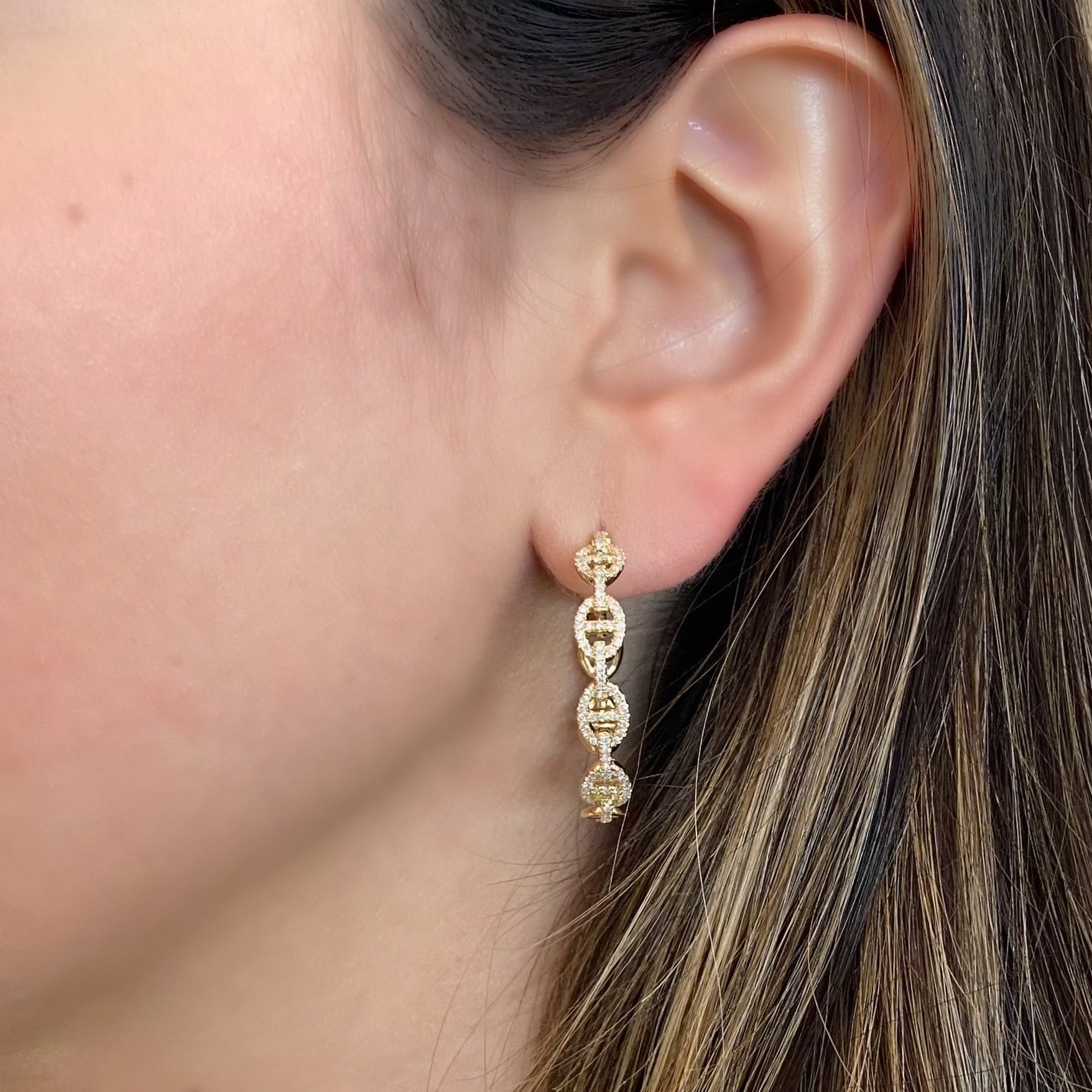 Diamond Oval Link Hoop Earrings - 14K yellow gold weighing 8.80 grams  - 188 round diamonds weighing 0.60 carats