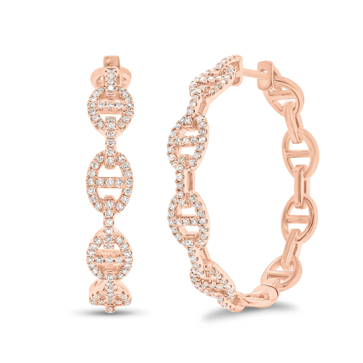 Diamond Oval Link Hoop Earrings - 14K rose gold weighing 8.80 grams  - 188 round diamonds weighing 0.60 carats