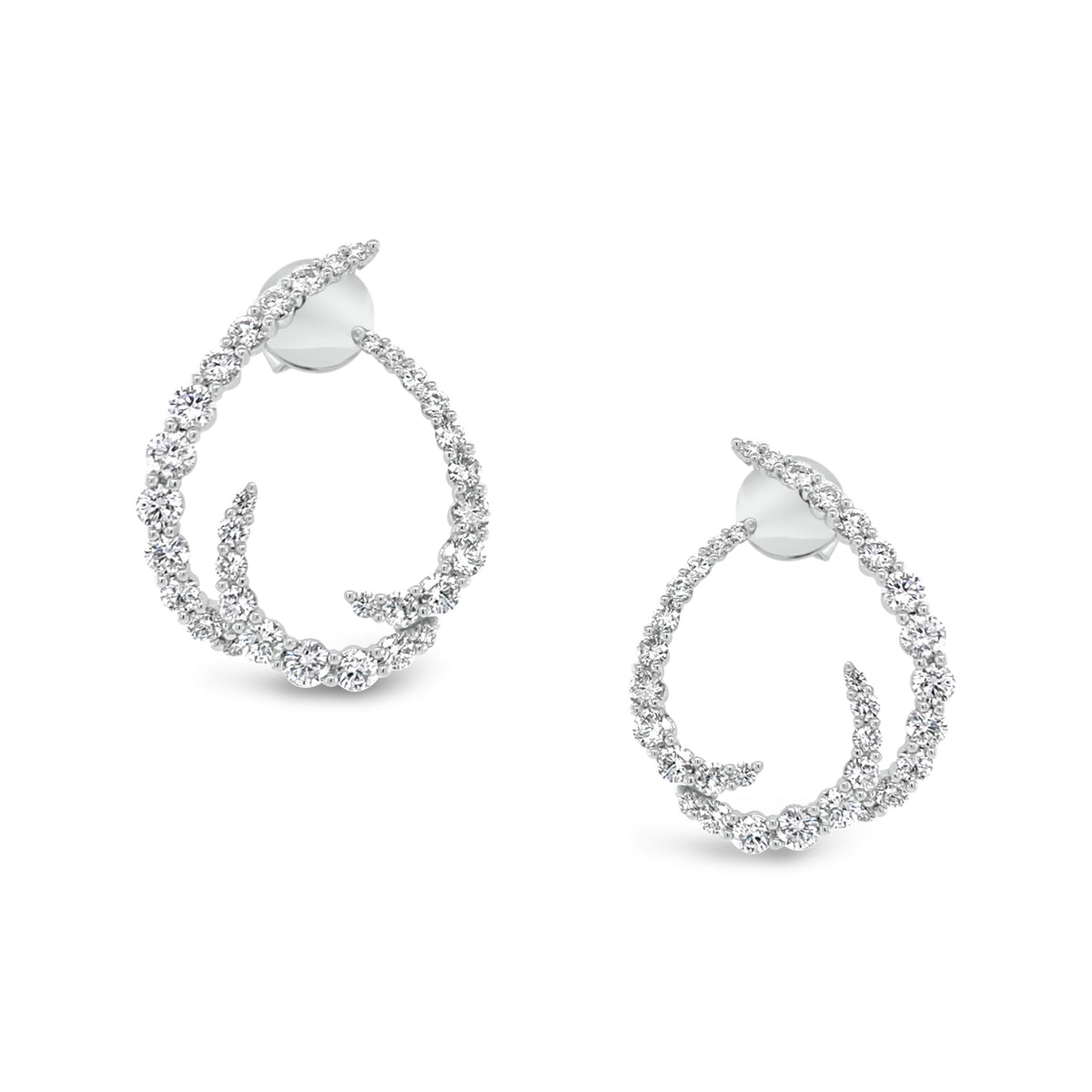 Diamond Open Swoop Earrings  -18K gold weighing 4.69 grams  -66 round diamonds totaling 1.89 carats