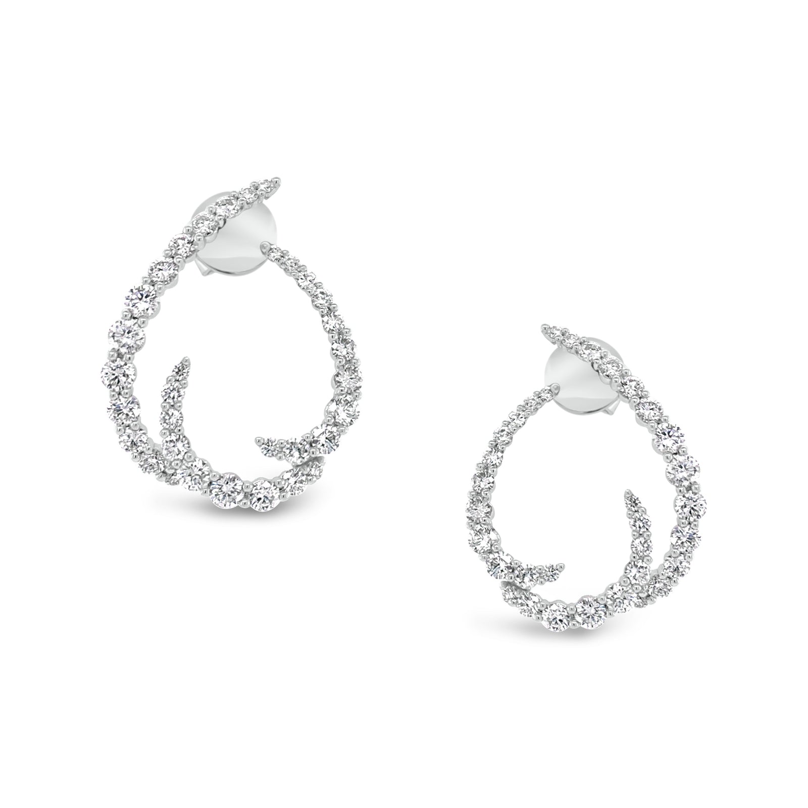 Diamond Open Swoop Earrings  -18K gold weighing 4.69 grams  -66 round diamonds totaling 1.89 carats
