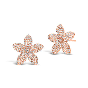 pave diamond flower stud earrings -14K gold weighing 3.32 grams -342 round diamonds totaling 0.90 carats