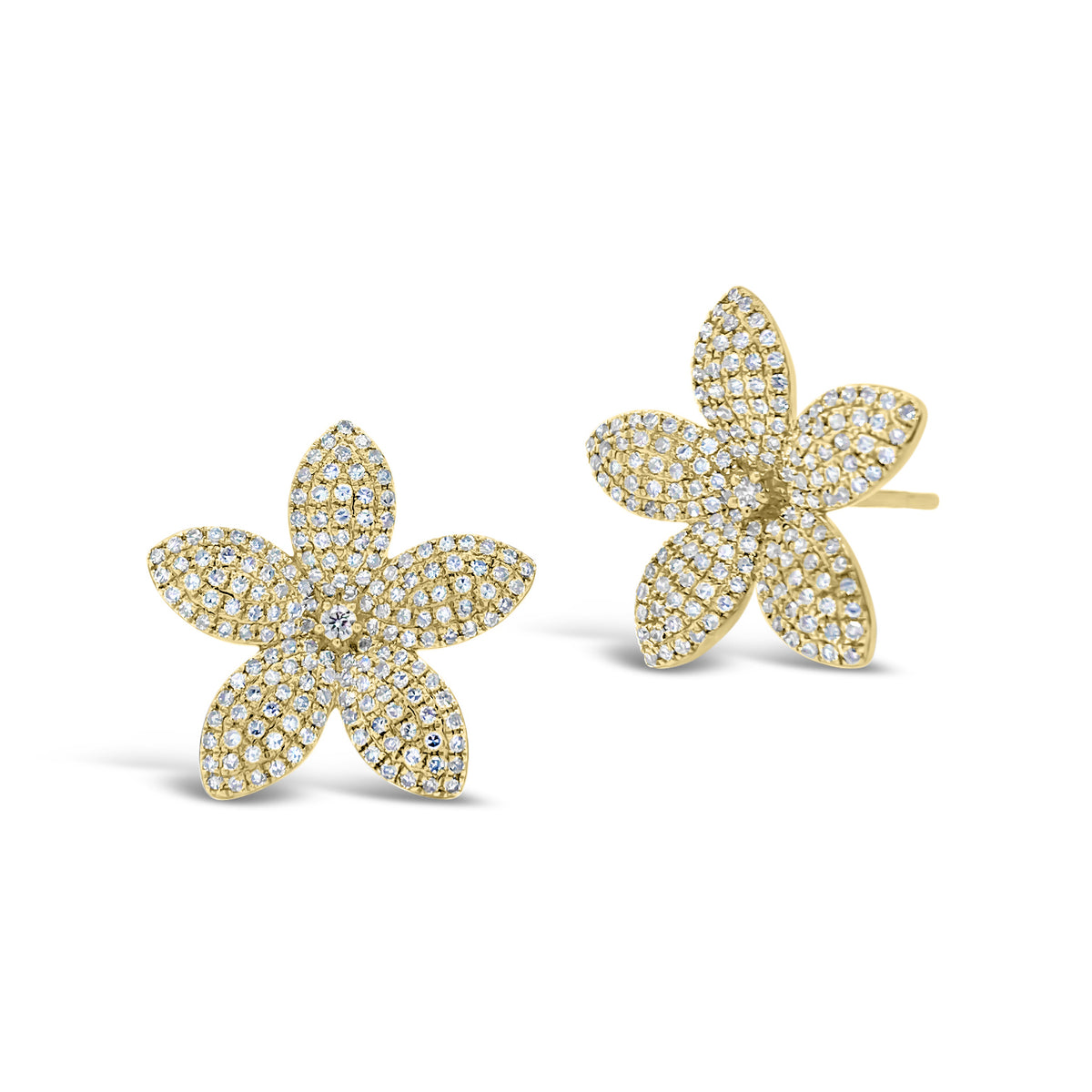 pave diamond flower stud earrings  -14K gold weighing 3.32 grams  -342 round diamonds totaling 0.90 carats