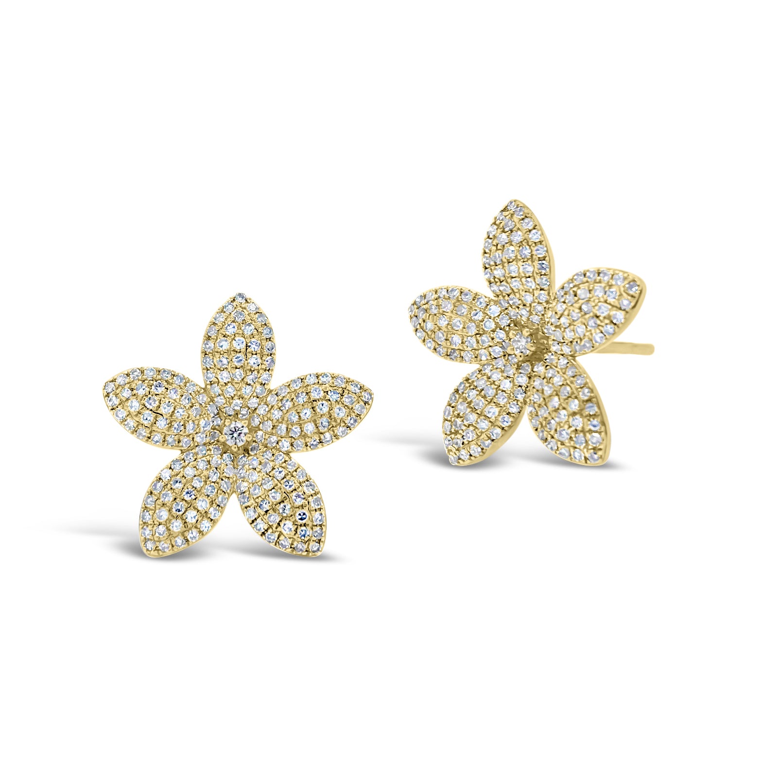 pave diamond flower stud earrings  -14K gold weighing 3.32 grams  -342 round diamonds totaling 0.90 carats