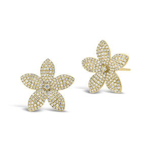 pave diamond flower stud earrings  -14K gold weighing 3.32 grams  -342 round diamonds totaling 0.90 carats