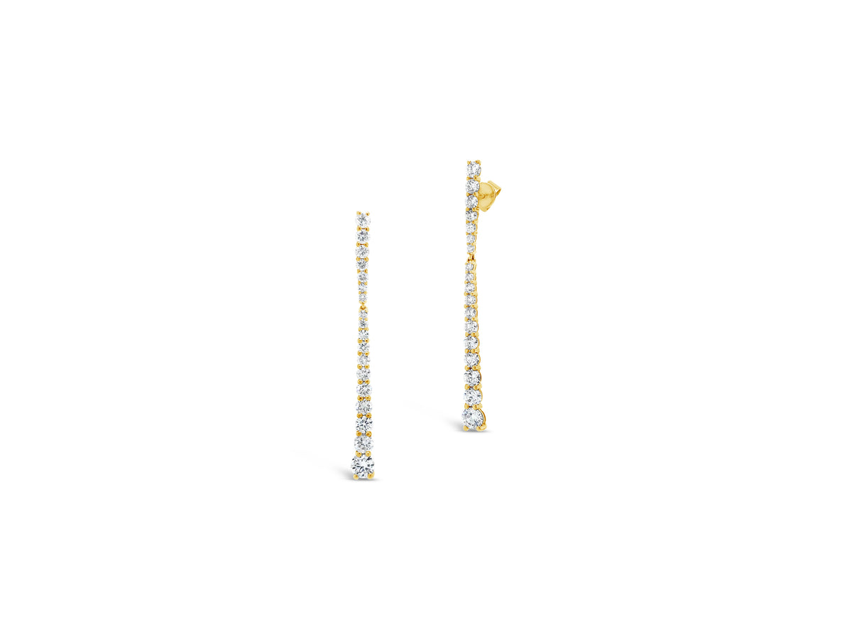 Shared Prong-Set Diamond Dangle Earrings -14K yellow gold weighing 2.6 grams -36 round diamonds totaling 2.01 carats