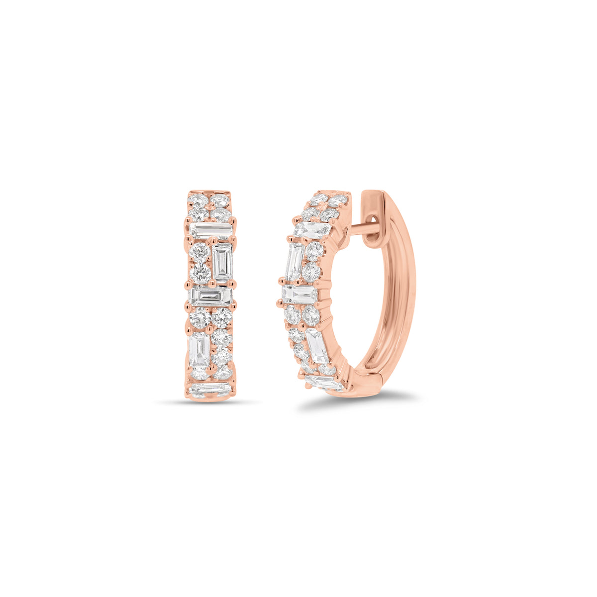 Mixed Cut Diamond Huggie Earrings - 18K gold weighing 3.19 grams - 28 round diamonds totaling 0.33 carats - 10 slim baguettes totaling 0.28 carats.