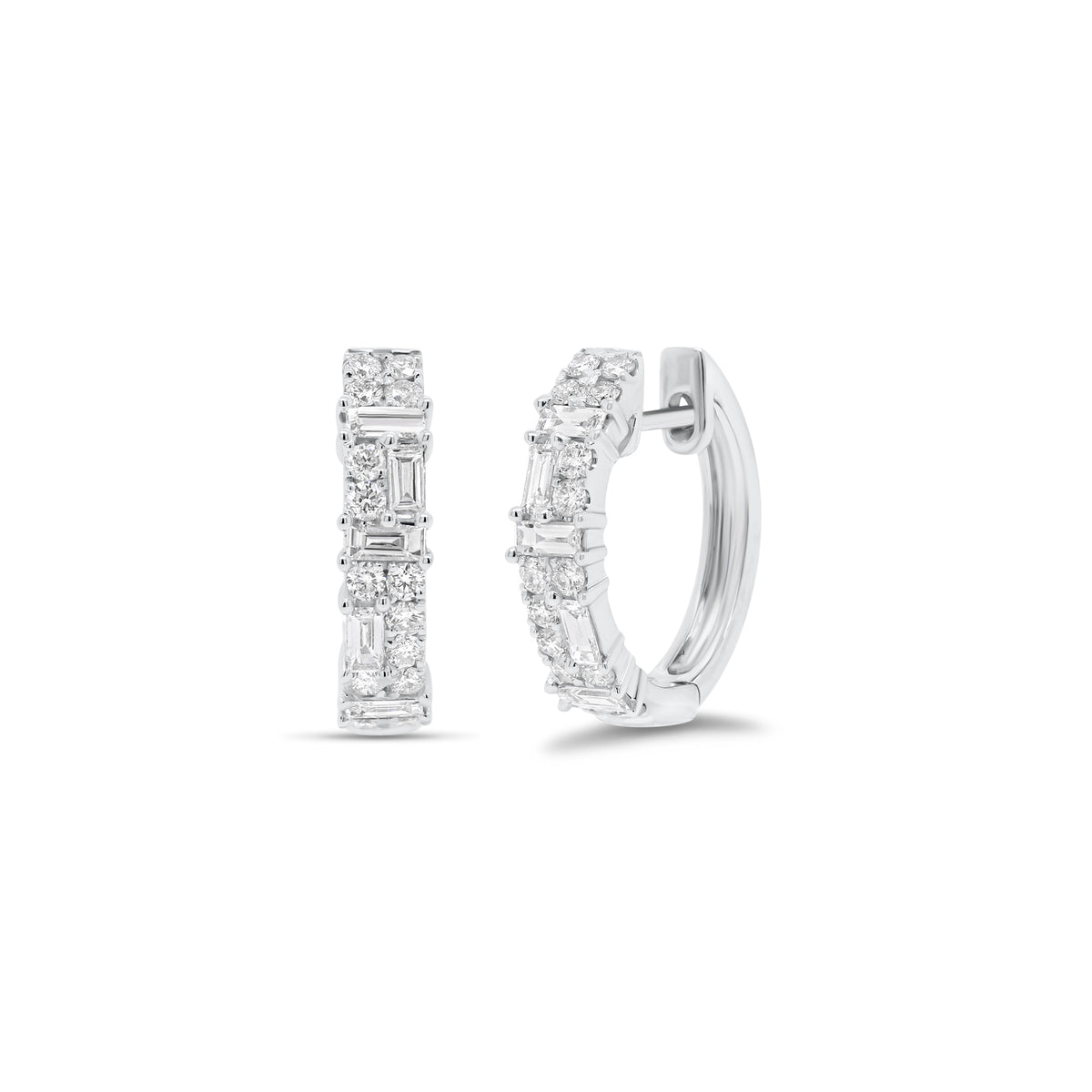 Mixed Cut Diamond Huggie Earrings - 18K gold weighing 3.19 grams - 28 round diamonds totaling 0.33 carats - 10 slim baguettes totaling 0.28 carats.