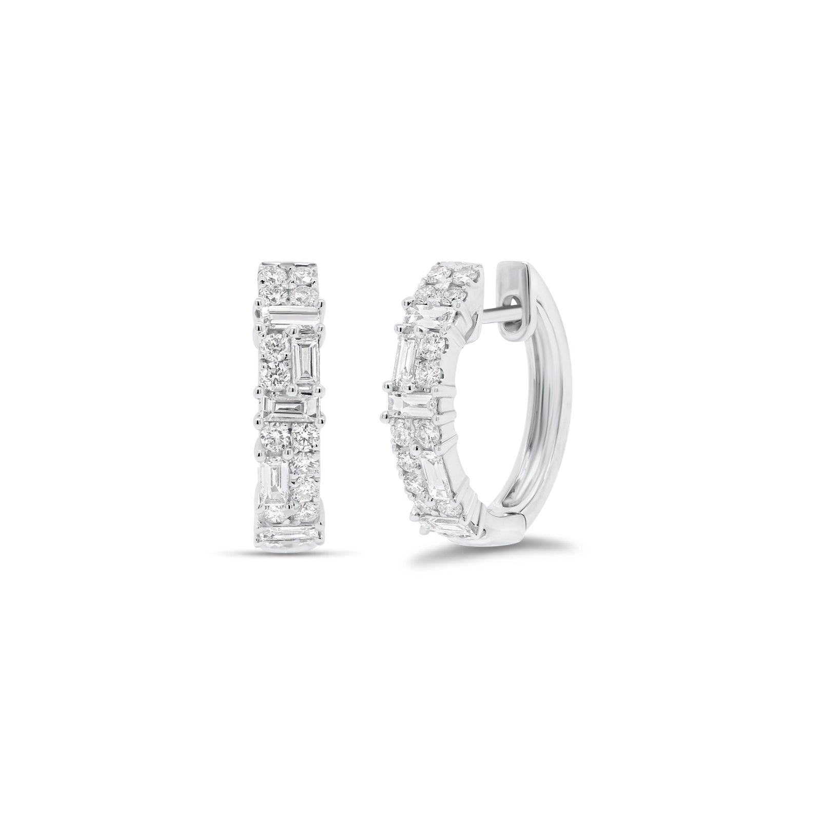 Mixed Cut Diamond Huggie Earrings - 18K gold weighing 3.19 grams - 28 round diamonds totaling 0.33 carats - 10 slim baguettes totaling 0.28 carats.