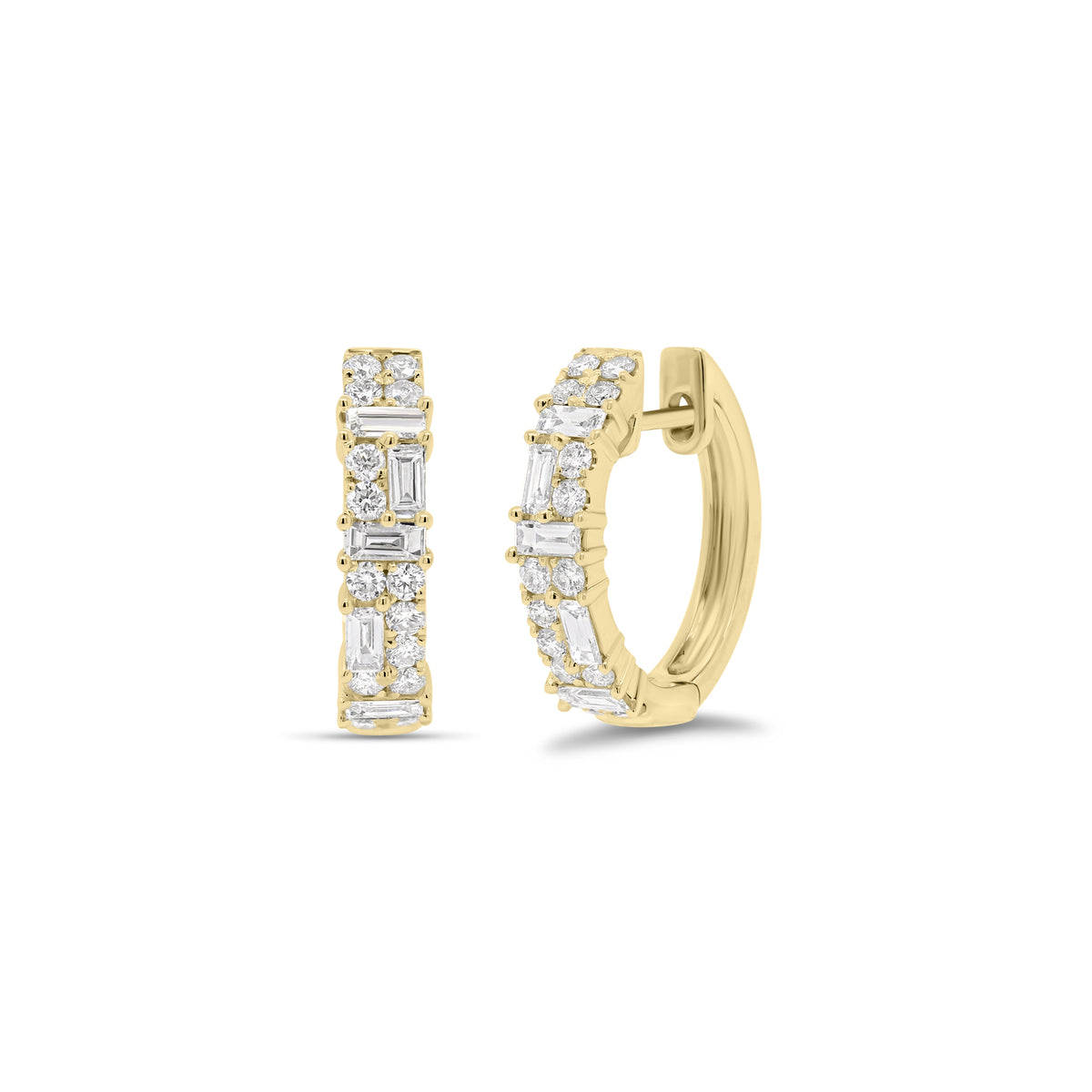 Mixed Cut Diamond Huggie Earrings - 18K gold weighing 3.19 grams - 28 round diamonds totaling 0.33 carats - 10 slim baguettes totaling 0.28 carats. 