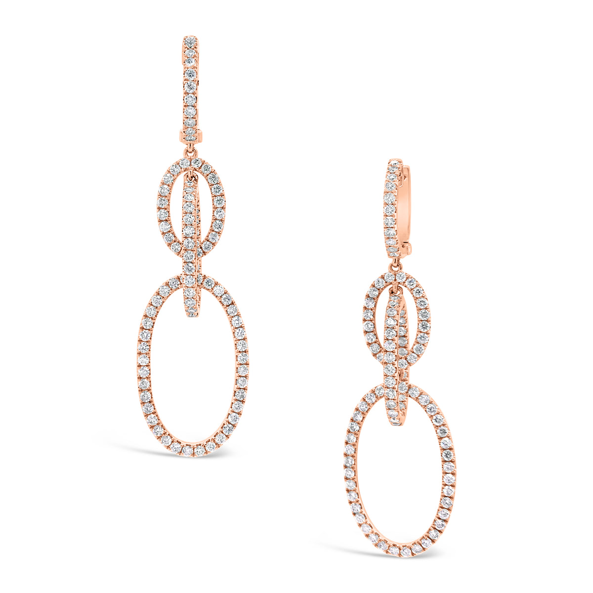 Diamond Oval Dangle Earrings  The ideal accessory for your next cocktail party or special occasion.  -18K gold weighing 7.23 grams  -186 round diamonds totaling 1.73 carats