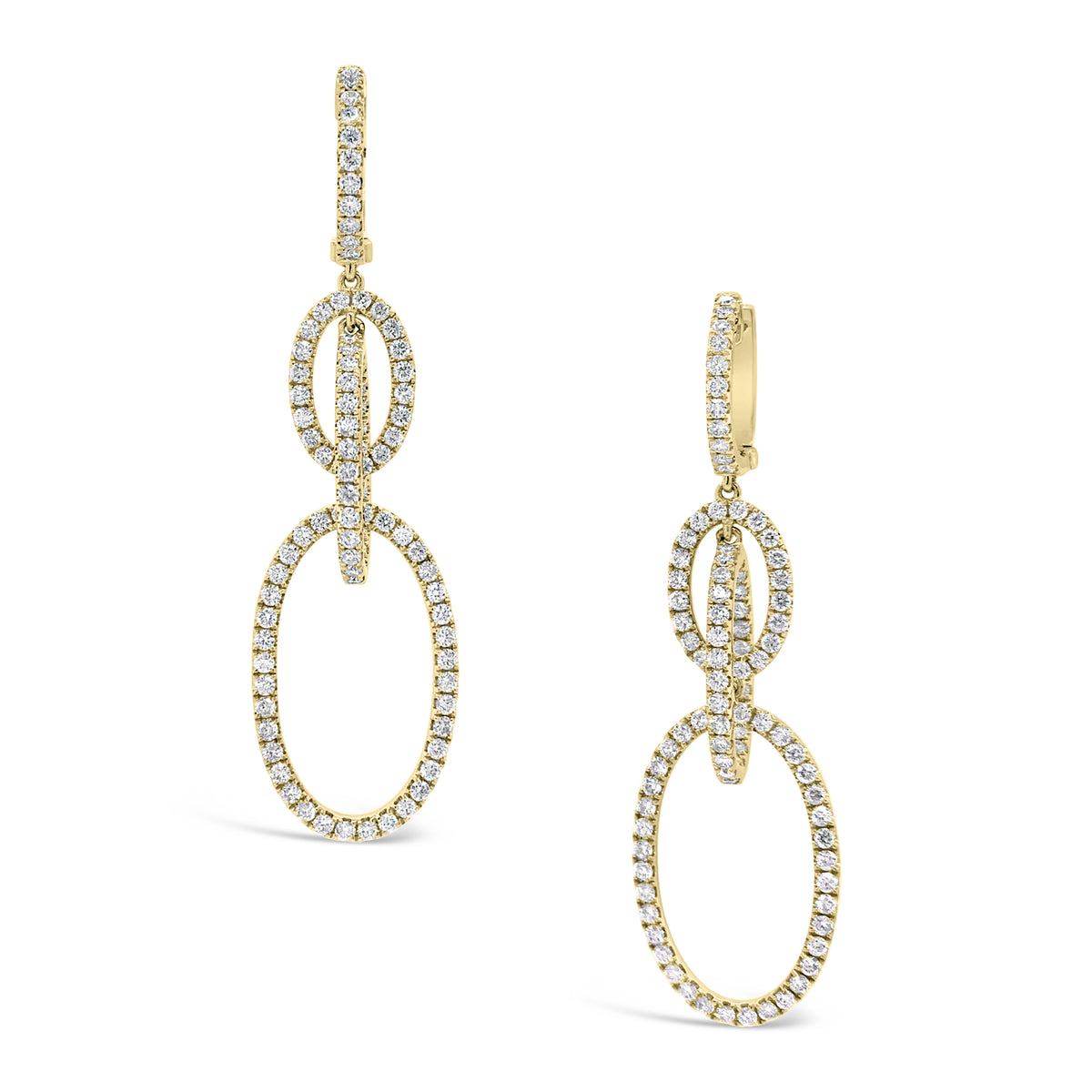 Diamond Oval Dangle Earrings  The ideal accessory for your next cocktail party or special occasion.  -18K gold weighing 7.23 grams  -186 round diamonds totaling 1.73 carats
