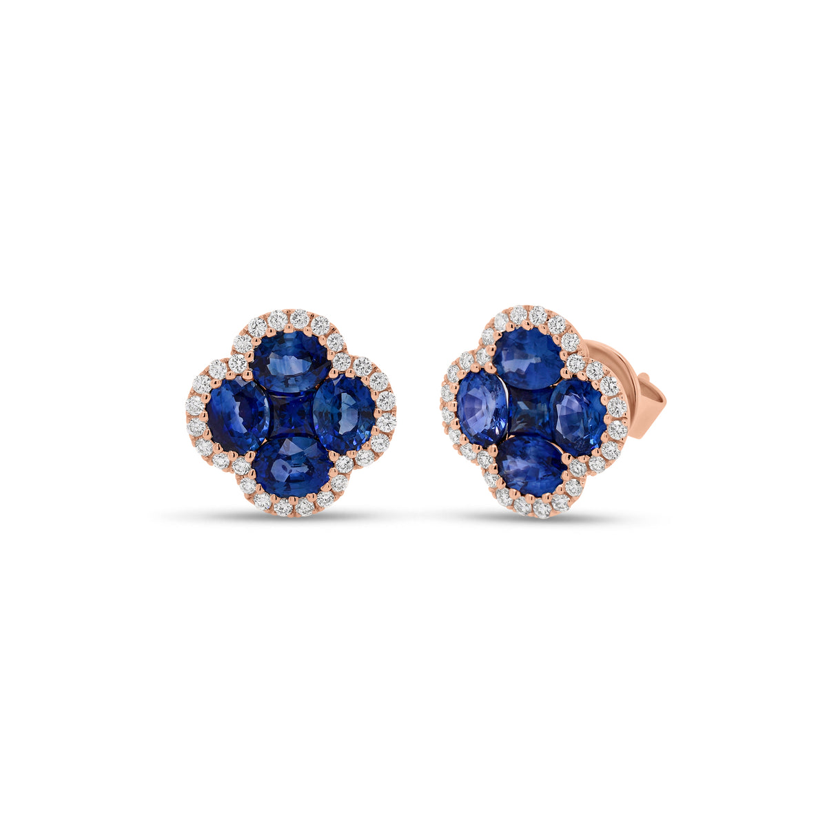 sapphire & diamond flower stud earrings - 18K gold weighing 3.37 grams  - 8 oval-shaped sapphires totaling 2.40 carats  - 2 princess-cut sapphires totaling 0.34 carats  - 56 round diamonds totaling 0.28 carats