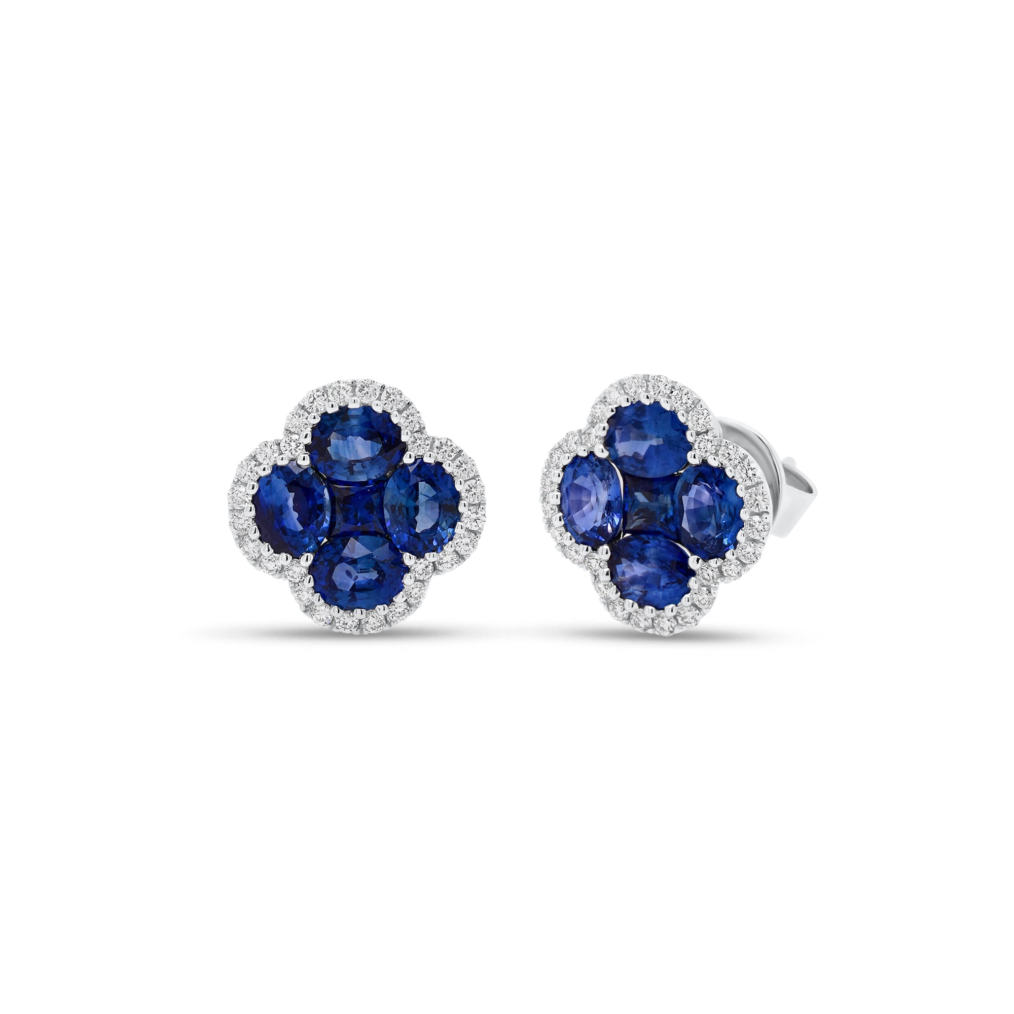 sapphire & diamond flower stud earrings - 18K gold weighing 3.37 grams  - 8 oval-shaped sapphires totaling 2.40 carats  - 2 princess-cut sapphires totaling 0.34 carats  - 56 round diamonds totaling 0.28 carats