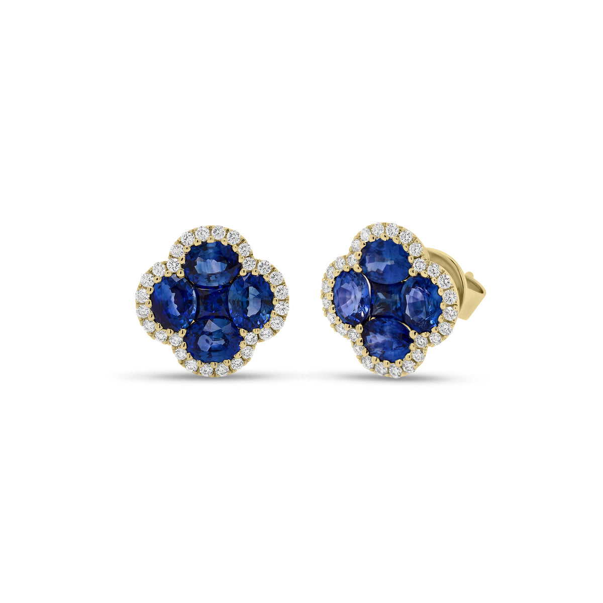 sapphire & diamond flower stud earrings - 18K gold weighing 3.37 grams  - 8 oval-shaped sapphires totaling 2.40 carats  - 2 princess-cut sapphires totaling 0.34 carats  - 56 round diamonds totaling 0.28 carats
