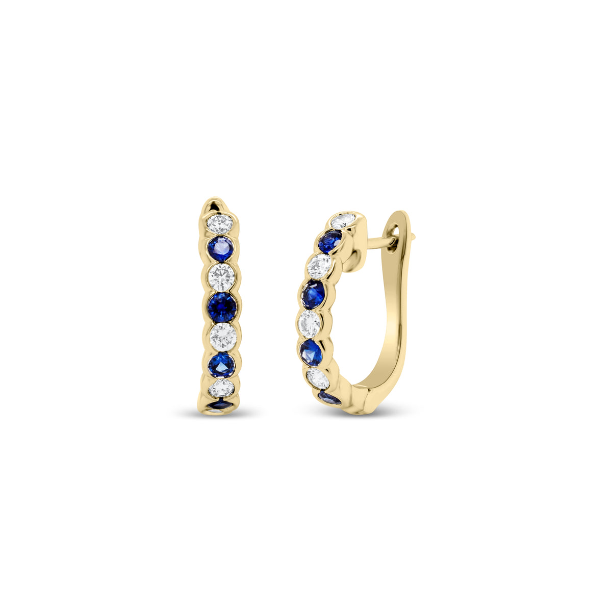 Sapphire & Diamond hoop earrings - 18K gold weighing 3.56 grams  - 8 round diamonds totaling 0.34 carats  - 8 sapphires totaling 0.41 carats