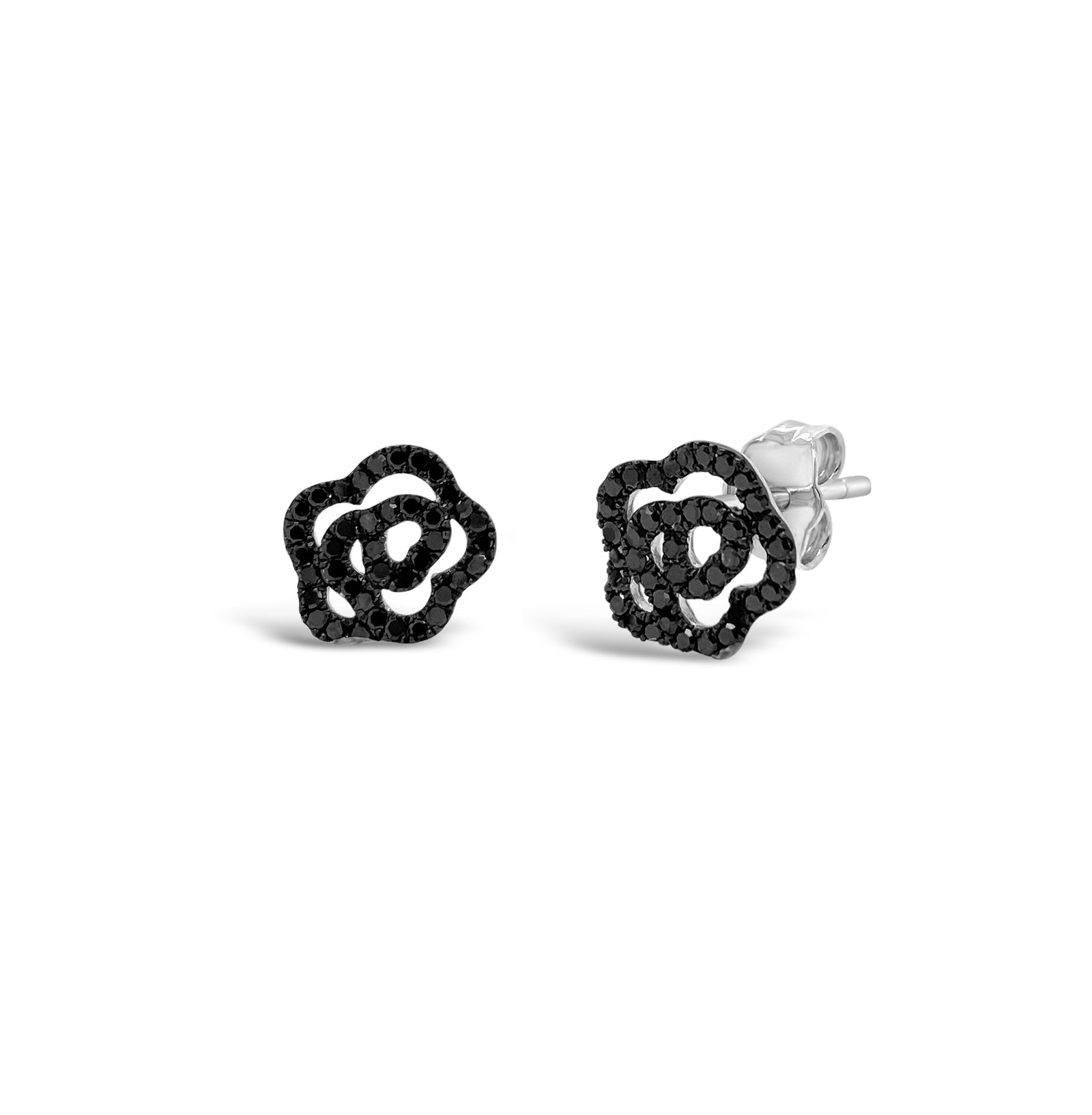Black Diamond Rose Stud Earrings - 14K gold weighing 1.01 grams -80 black diamonds totaling 0.27 carats