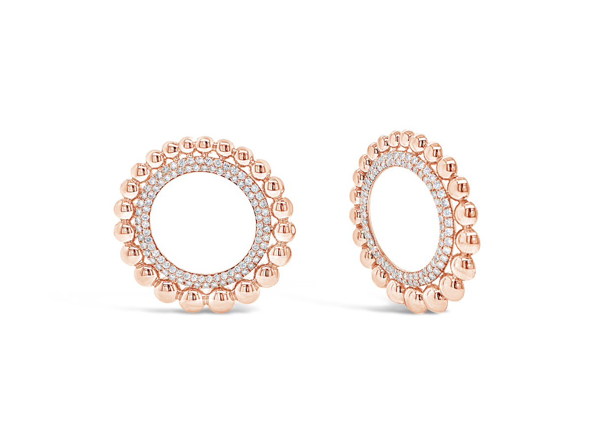 Diamond & Gold Beaded Circle Earrings  -14K gold weighing 14.2 grams  -188 round diamonds totaling 3.00 carats
