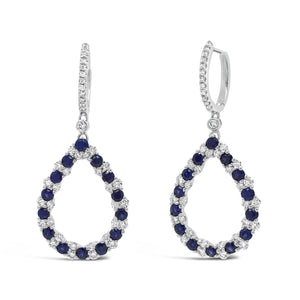 Sapphire & Diamond Teardrop Dangle Earrings  -18K gold weighing 5.05 grams  -28 sapphires totaling 1.56 carats  -82 round diamonds totaling 0.96 carats