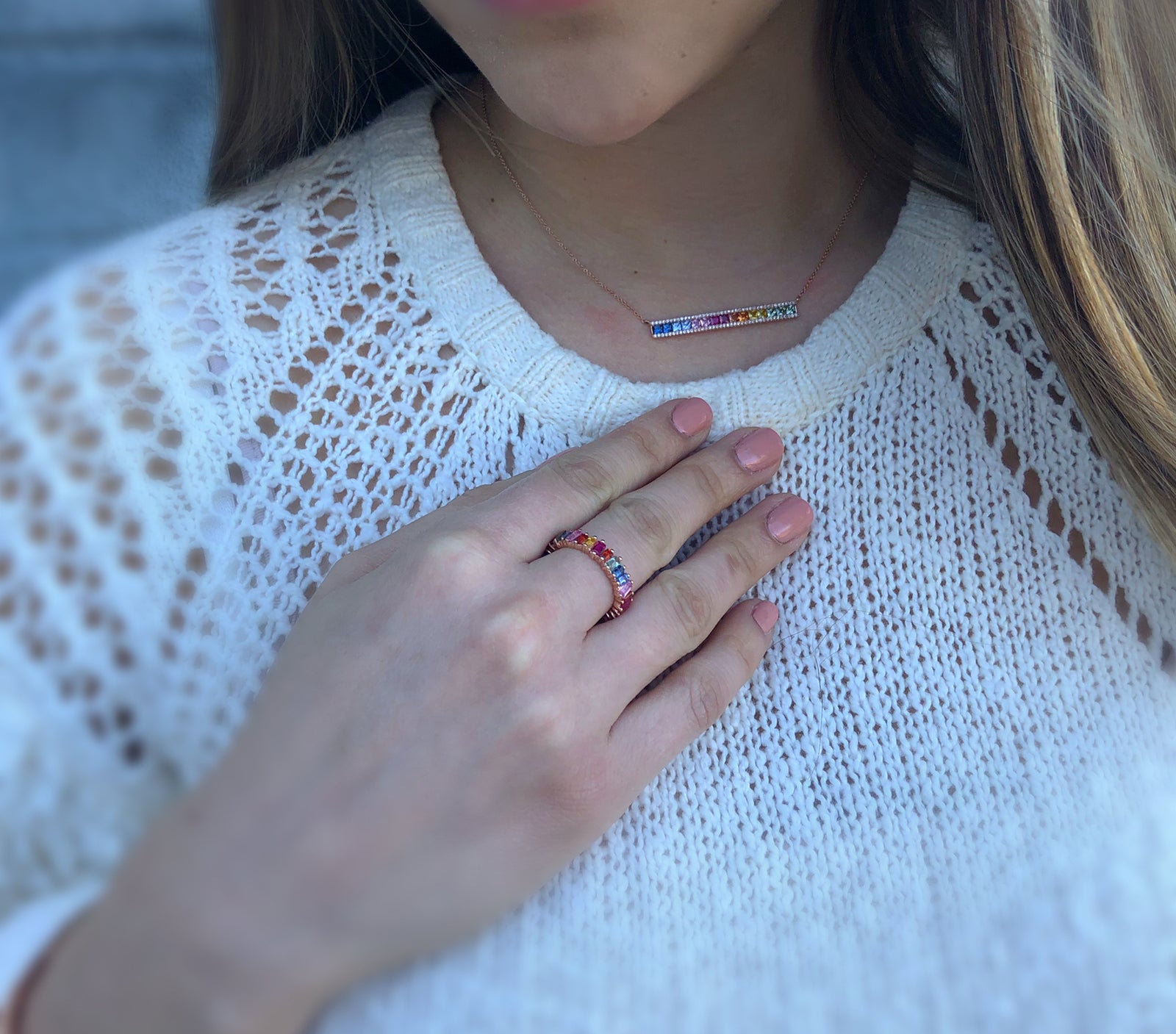 Rainbow Gemstone & Diamond Baguette Bar Necklace  -14k gold weighing 3.25 grams  -80 round diamonds weighing .22 carats  -15 multi-color gemstones weighing 1.7 carats