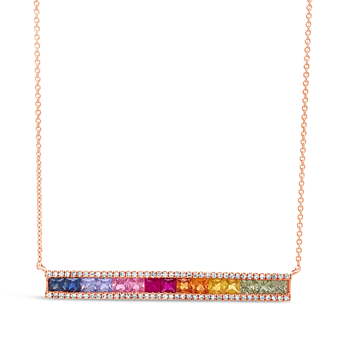 Rainbow Gemstone & Diamond Baguette Bar Necklace  -14k gold weighing 3.25 grams  -80 round diamonds weighing .22 carats  -15 multi-color gemstones weighing 1.7 carats