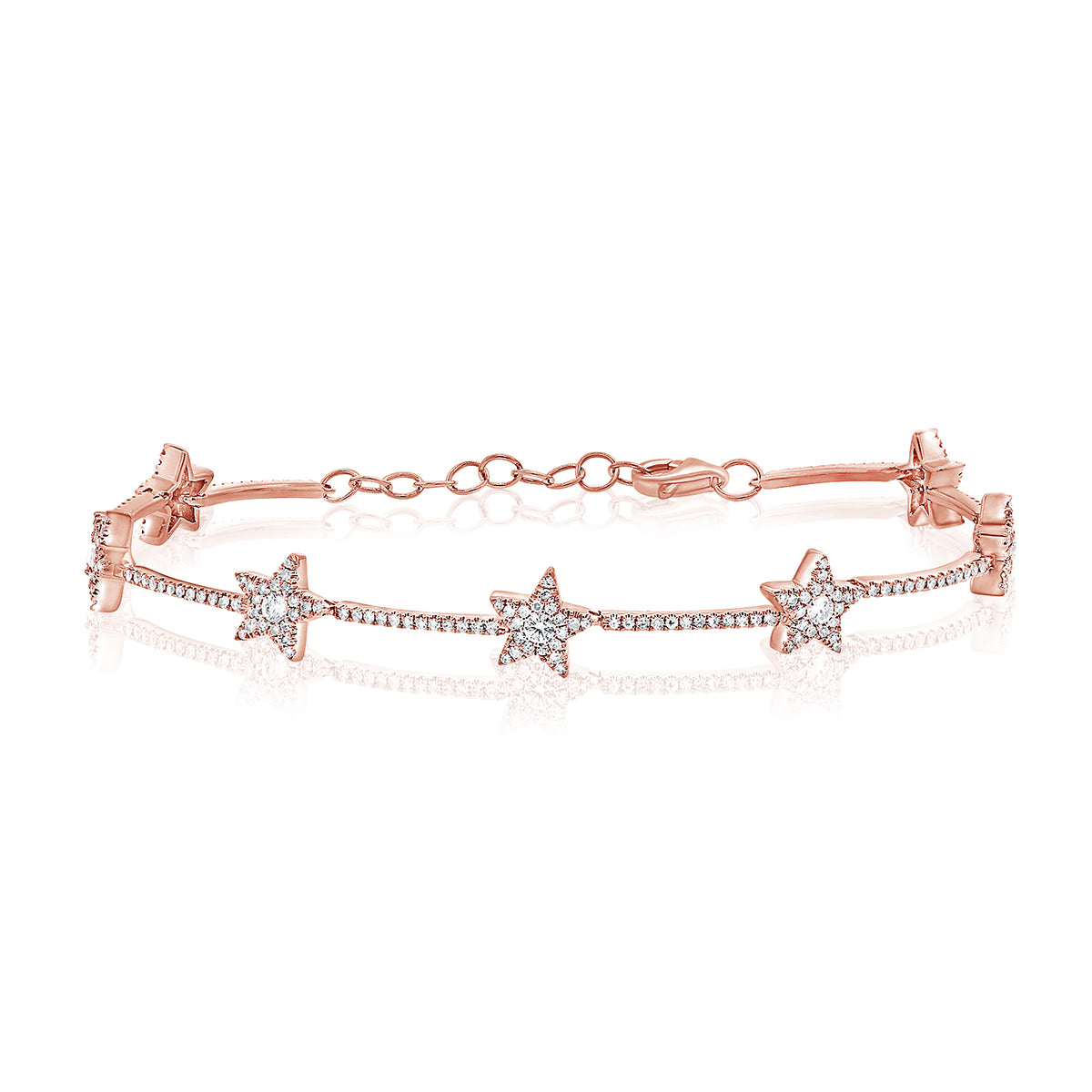 Diamond Stars Bracelet - 14K rose gold weighing 5.85 grams - 236 round shared prong-set diamonds totaling 0.86 carats. -7 round diamonds totaling .21 carats
