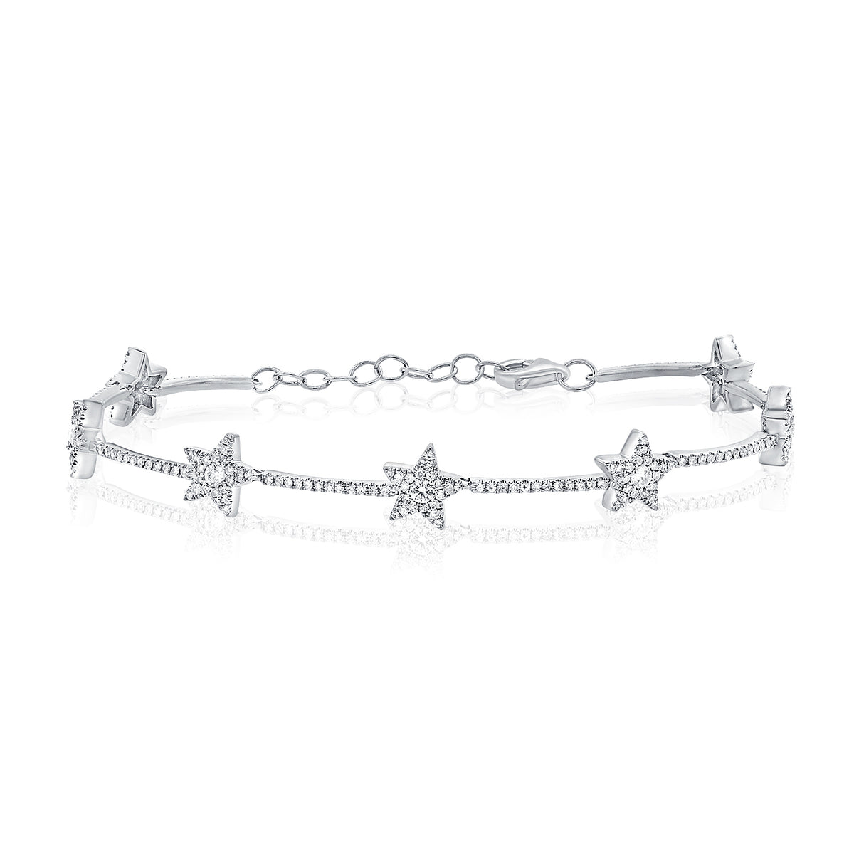 Diamond Stars Bracelet - 14K white gold weighing 5.85 grams - 236 round shared prong-set diamonds totaling 0.86 carats. -7 round diamonds totaling .21 carats