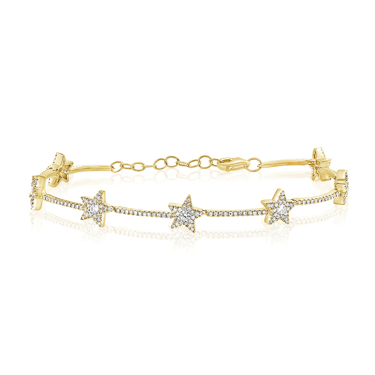 Diamond Stars Bracelet - 14K yellow gold weighing 5.85 grams - 236 round shared prong-set diamonds totaling 0.86 carats. -7 round diamonds totaling .21 carats