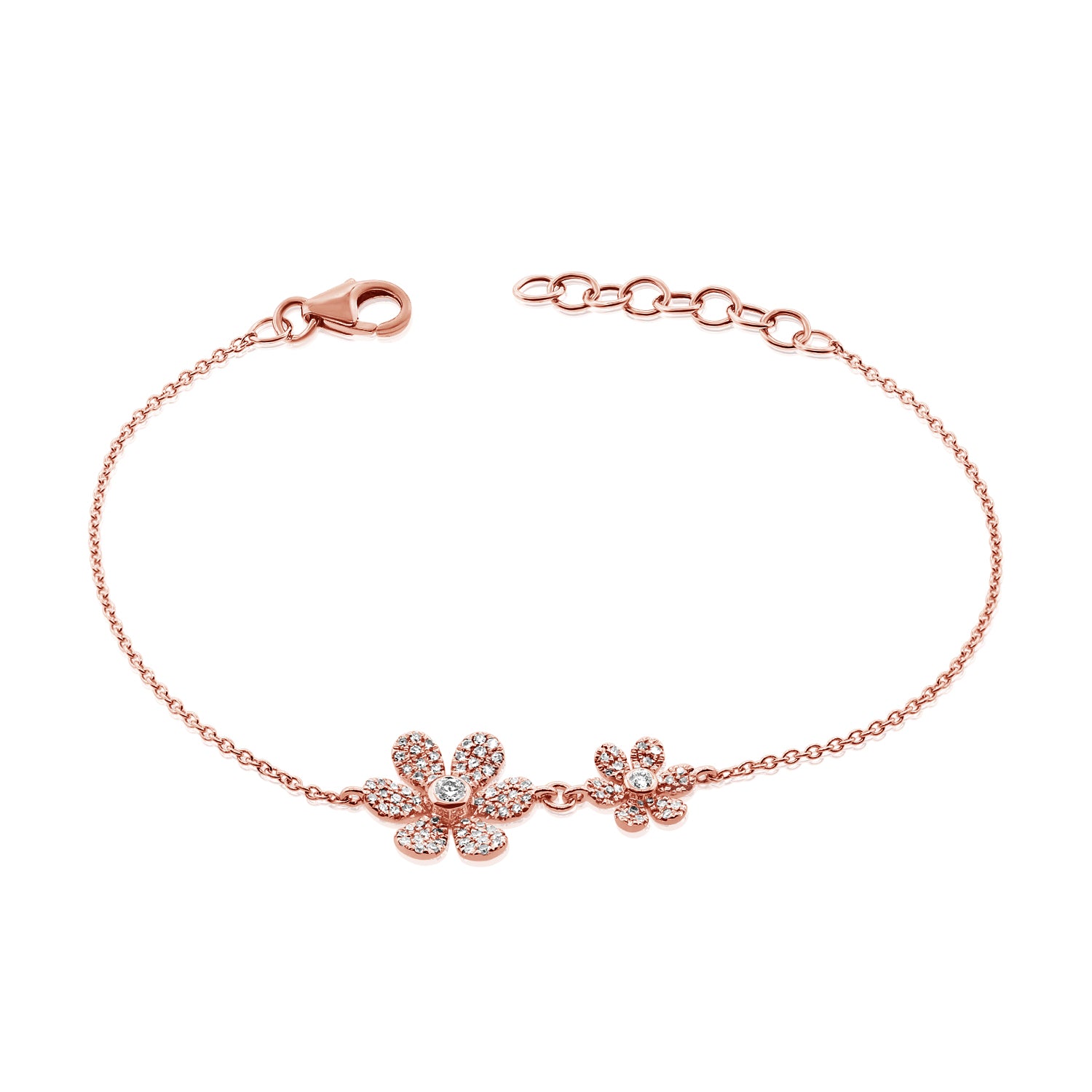 Diamond Double Daisy Bracelet - 14K rose gold weighing 2.50 grams - 2 round diamonds totaling 0.06 carats - 84 round diamonds totaling 0.28 carats