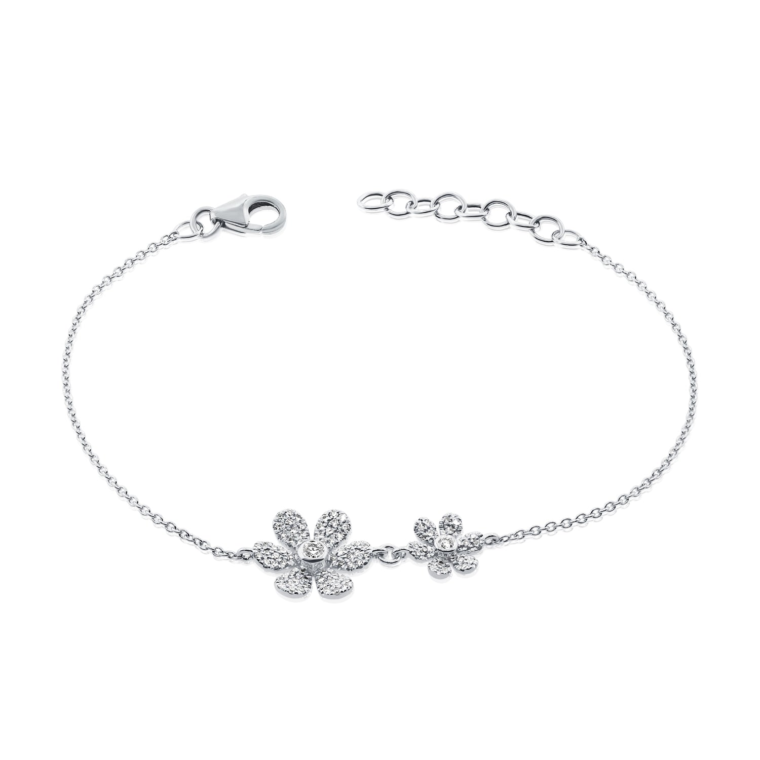 Diamond Double Daisy Bracelet - 14K white gold weighing 2.50 grams - 2 round diamonds totaling 0.06 carats - 84 round diamonds totaling 0.28 carats