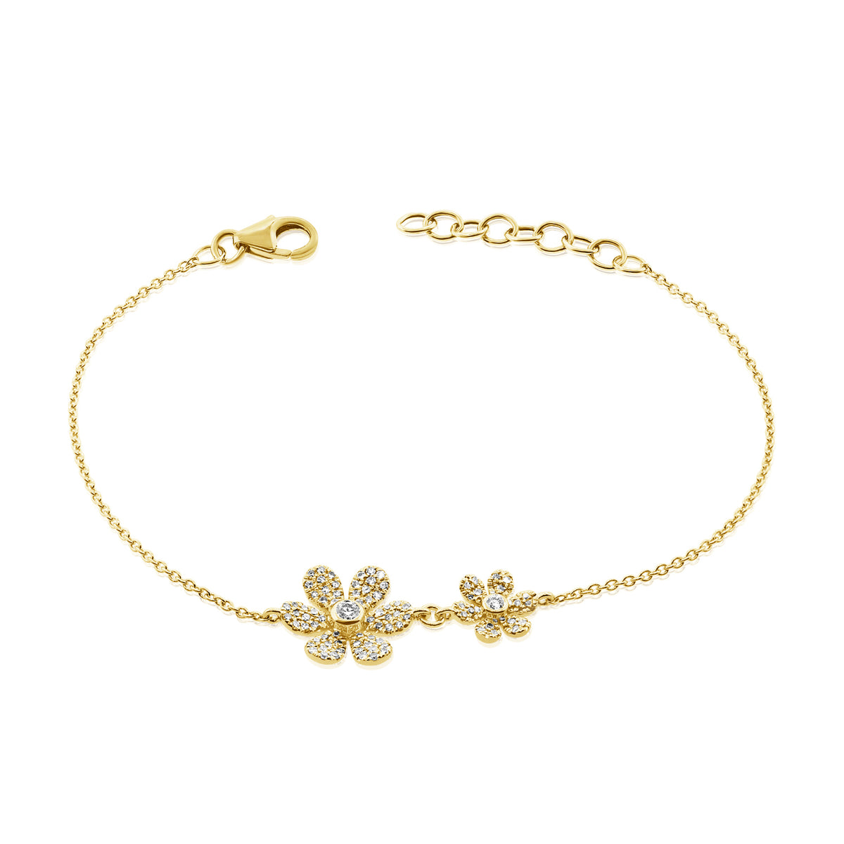 Diamond Double Daisy Bracelet - 14K yellow gold weighing 2.50 grams - 2 round diamonds totaling 0.06 carats - 84 round diamonds totaling 0.28 carats