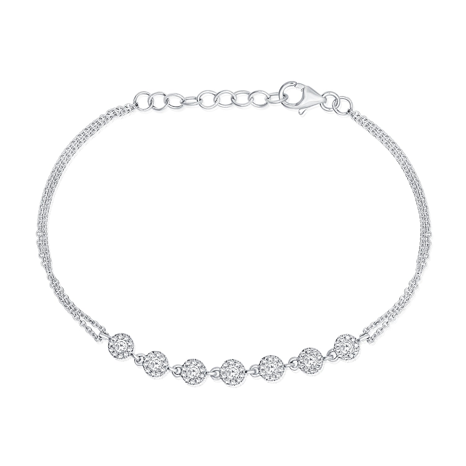 Diamond Halo Cable Chain Bracelet - 14K white gold weighing 3.05 grams - 7 round diamonds totaling 0.28 carats - 70 round diamonds totaling 0.23 carats