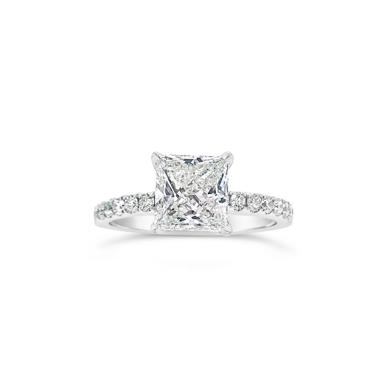 Princess-Cut Diamond Engagement Ring with Diamond Shank  -18K weighting 3.90 GR  - 16 round diamonds totaling 0.35 carats