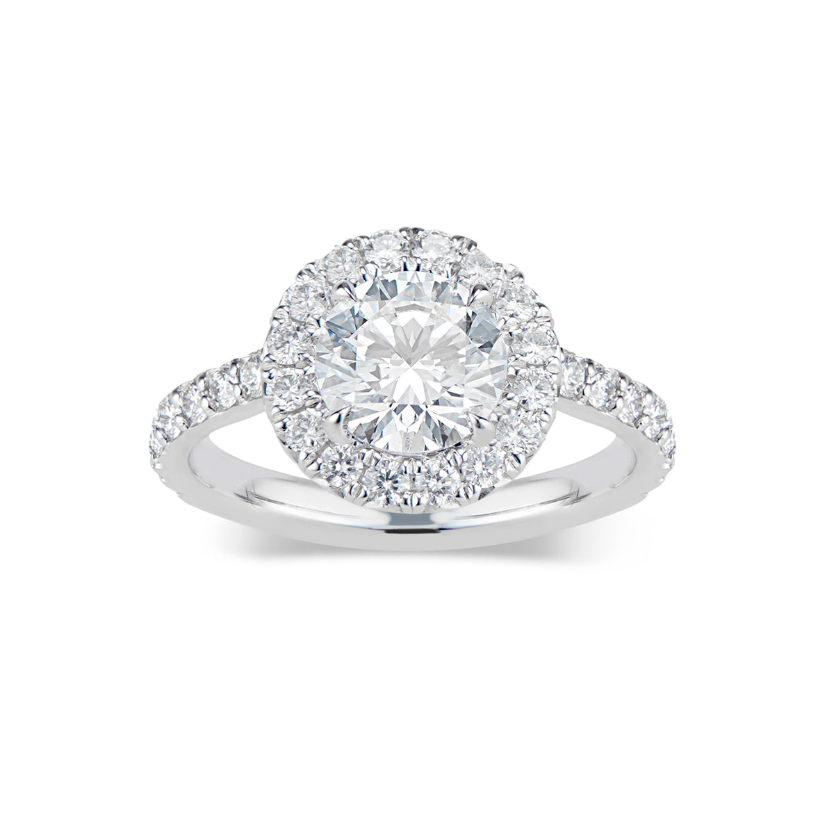 Round Halo Diamond Engagement Ring  - 32 round diamonds totaling 0.71 carats  - 2.31 GR gold weight