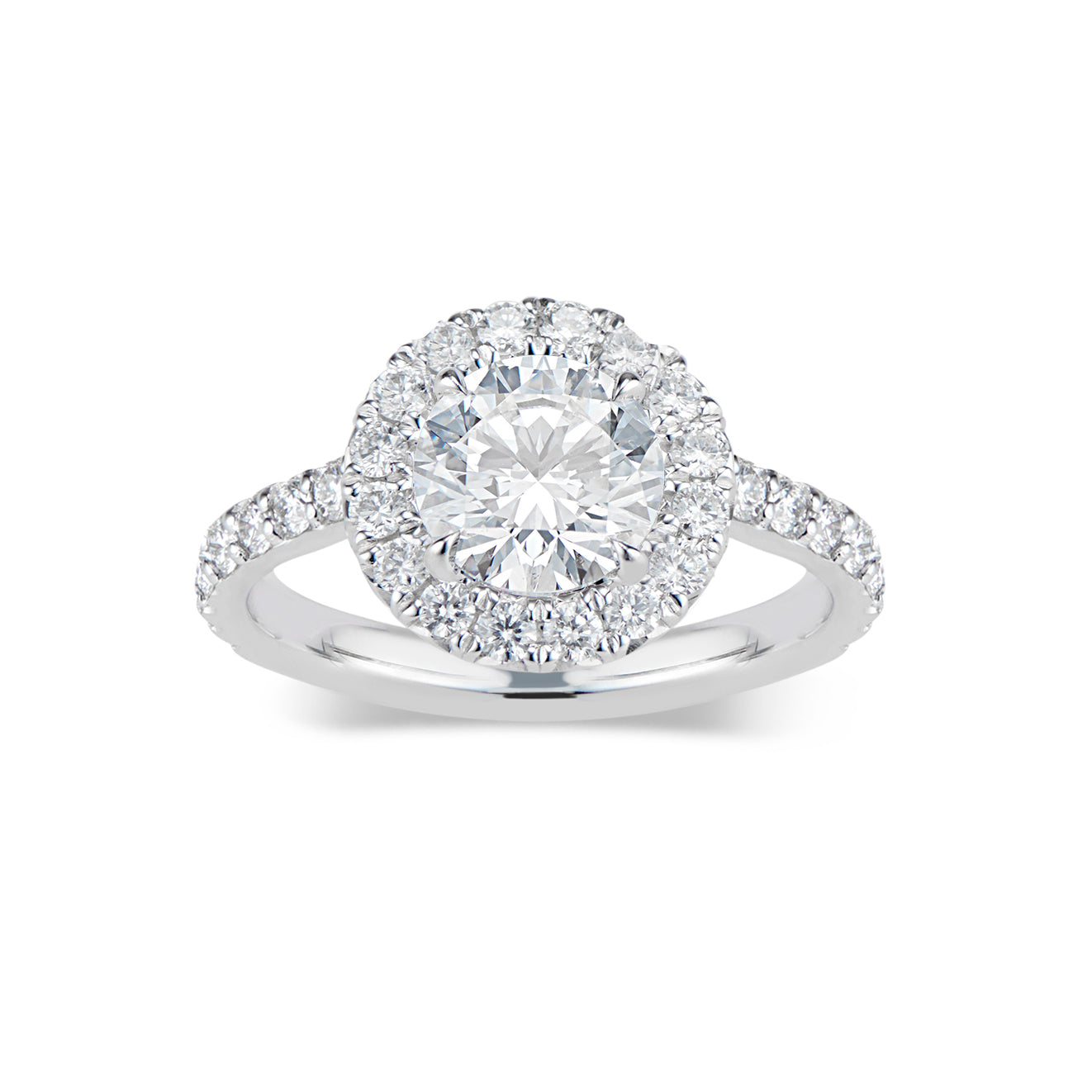 Round Halo Diamond Engagement Ring  - 32 round diamonds totaling 0.71 carats  - 2.31 GR gold weight