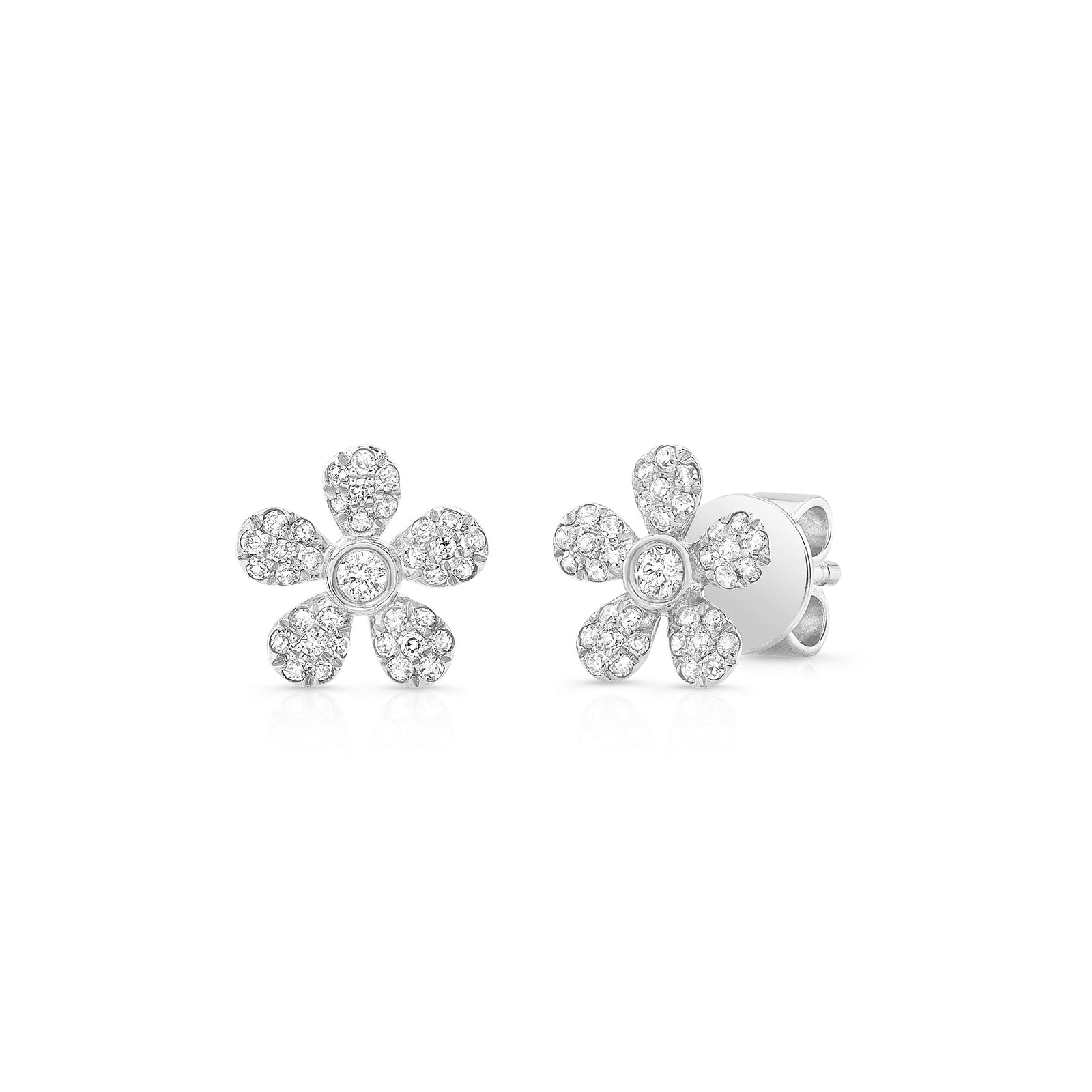 Pave-set Diamond Daisy Stud Earrings -14k white gold weighing 1.14 grams - 72 round diamonds weighing .18 carat.