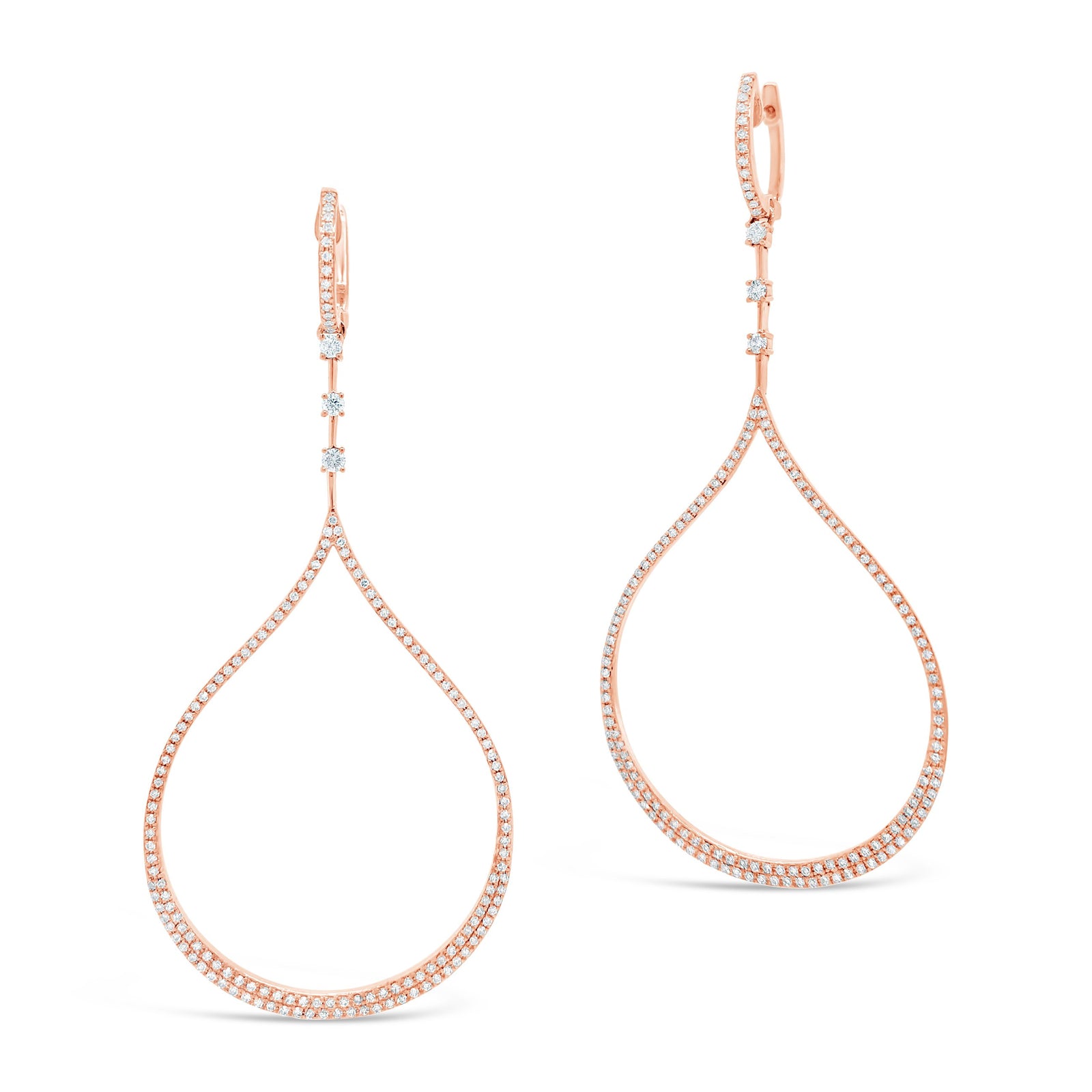 Diamond Open Teardrop Dangle Earrings  -14K gold weighing 6.37 grams  -306 round diamonds totaling 0.78 carats  -6 prong-set diamonds totaling 0.16 carats