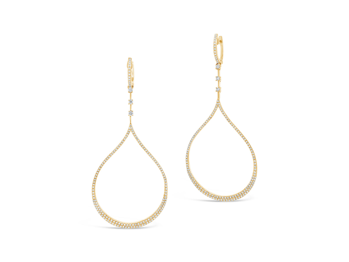 Diamond Open Teardrop Dangle Earrings  -14K gold weighing 6.37 grams  -306 round diamonds totaling 0.78 carats  -6 prong-set diamonds totaling 0.16 carats