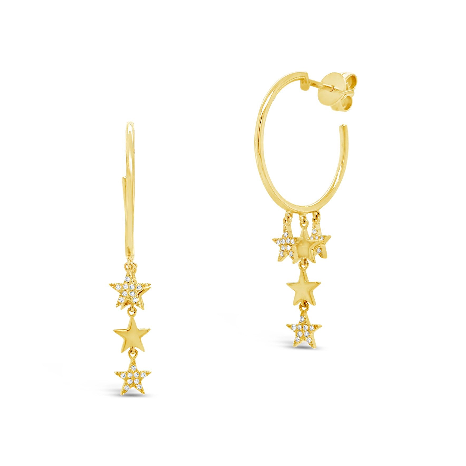 Diamond Star Drop Push-Back Hoop Earrings -14K gold weighing 3.64 grams  -54 round diamonds totaling 0.12 carats