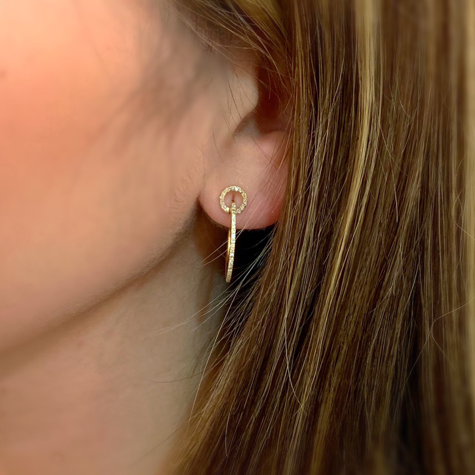 Circular Diamond Push-Back Hoops Earrings -14k gold weighing 2.60 grams  -74 round diamonds weighing .22 carats